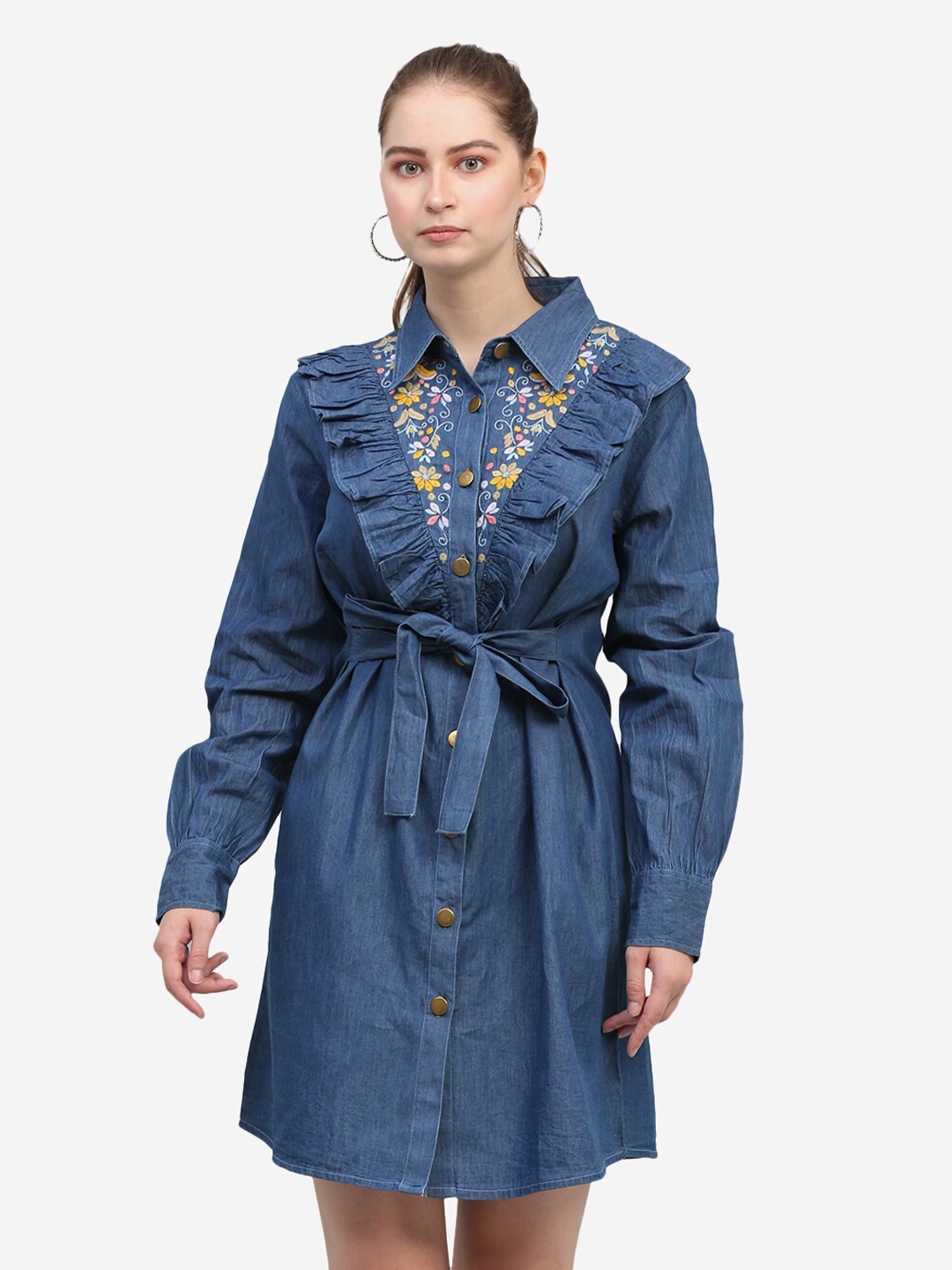 

SUMAVI-FASHION Floral Embroidered Organic Cotton Denim Shirt Dress, Blue