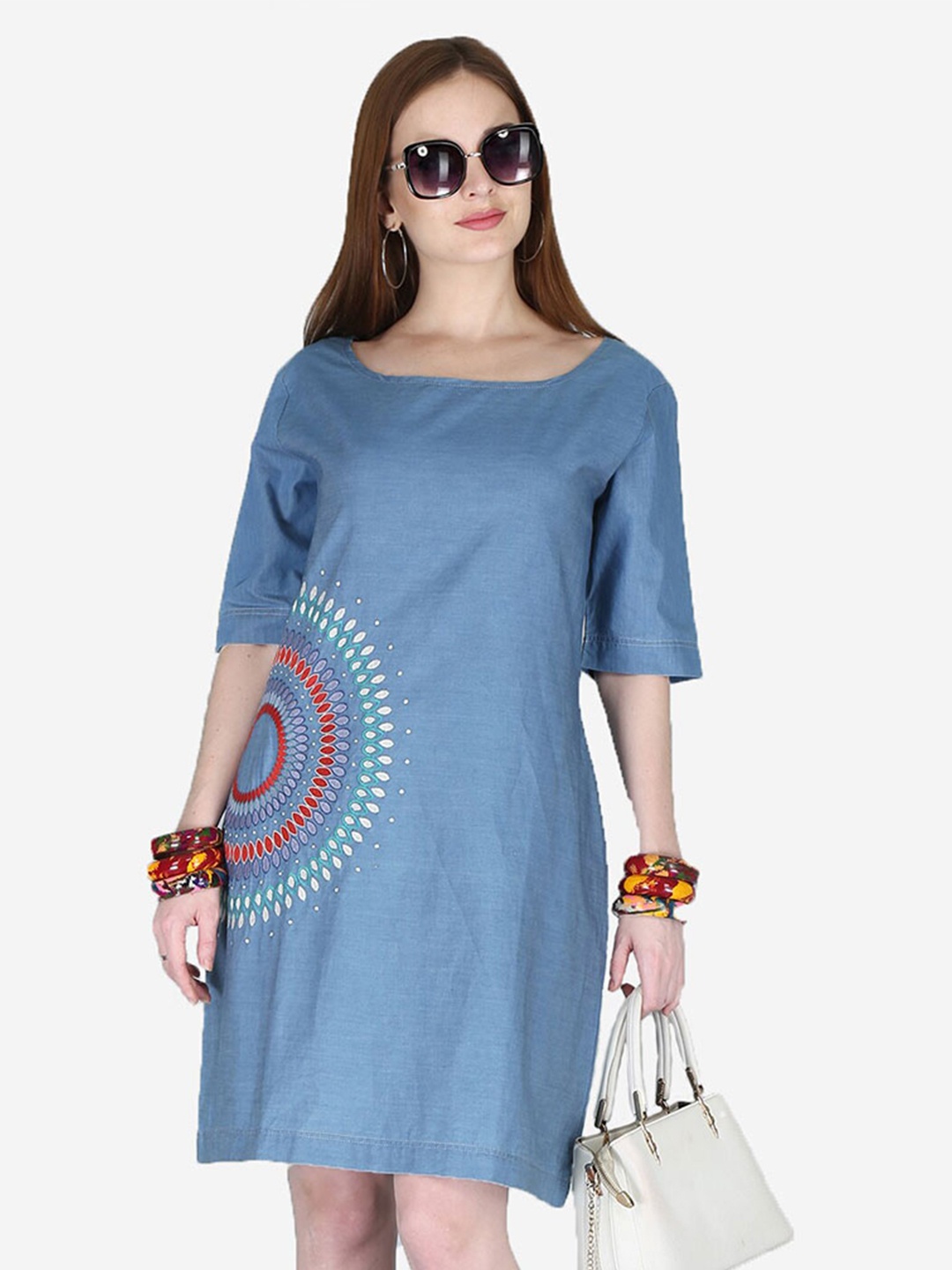 

SUMAVI-FASHION Geometric Embroidered Cotton Denim A-Line Dress, Blue