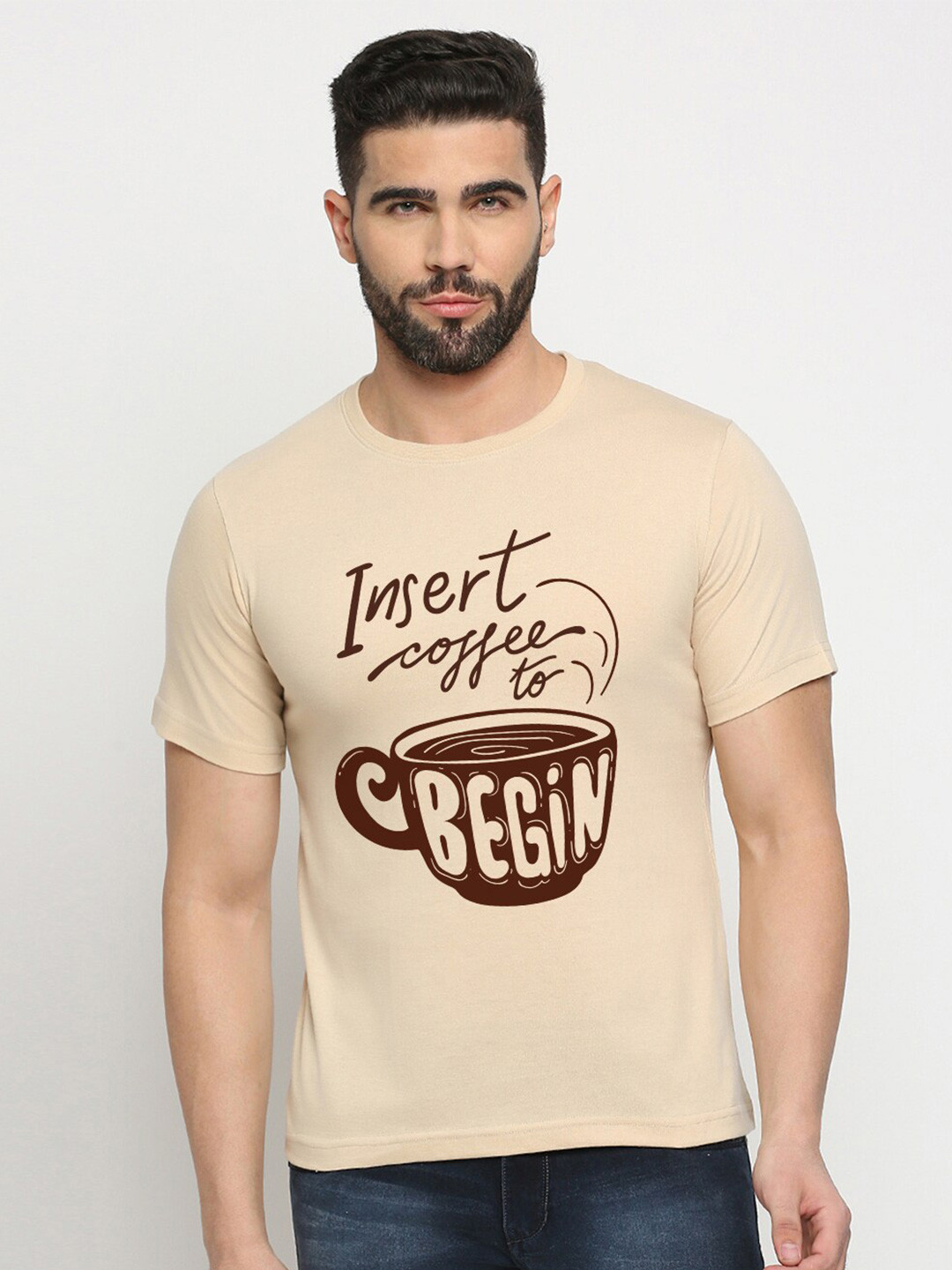 

MOD ECRU Unisex Typography Printed Round Neck Cotton Casual T-shirt, Cream