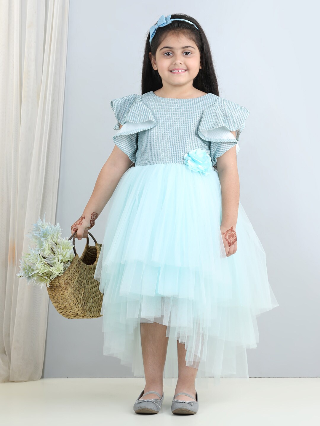 

Toy Balloon kids Girls Embellished Flutter Sleeves Net Fit & Flare High-Low Dress, Blue