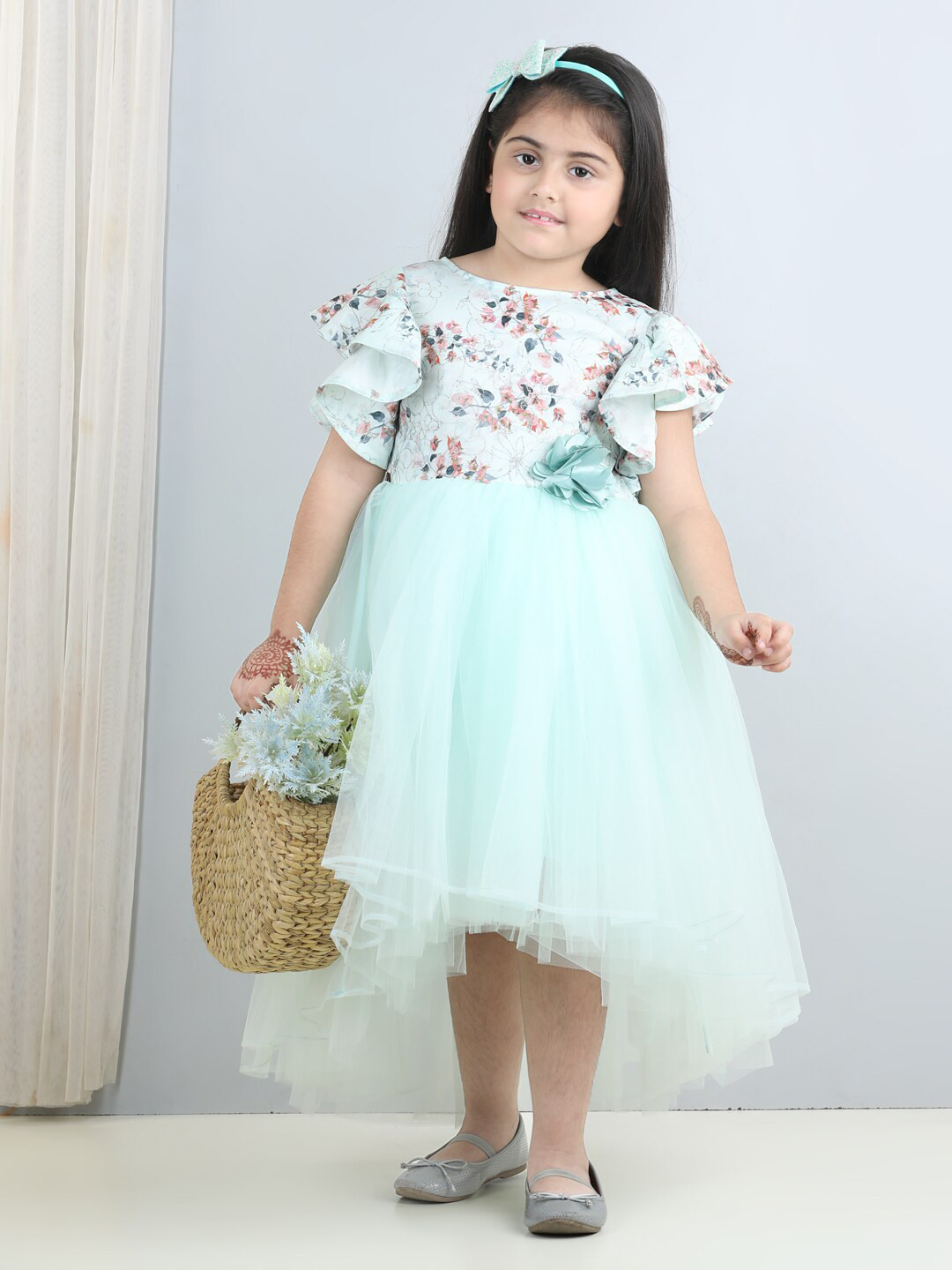 

Toy Balloon kids Girls Floral Printed Embellished Net Fit & Flare High-Low Dress, Blue