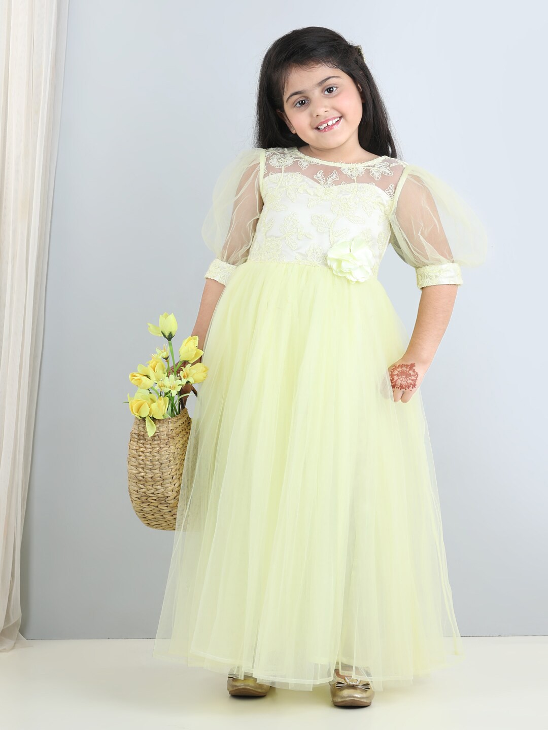 

Toy Balloon kids Girls Floral Embroidered Puff Sleeves Net Maxi Dress, Yellow