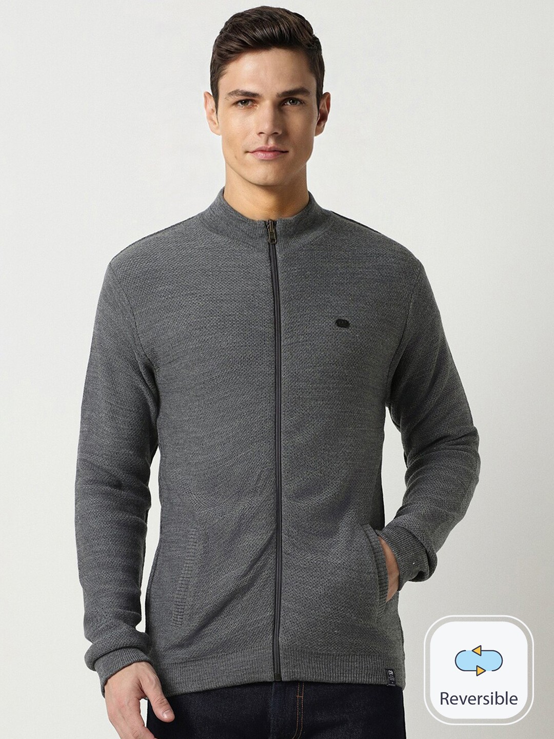 

Peter England Casuals Mock Collar Acrylic Front Open, Grey