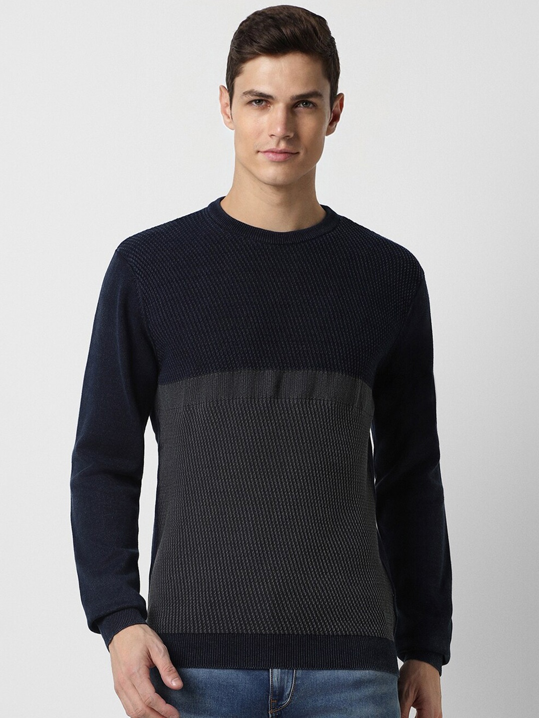 

Peter England Casuals Colourblocked Pure Cotton Pullover, Navy blue