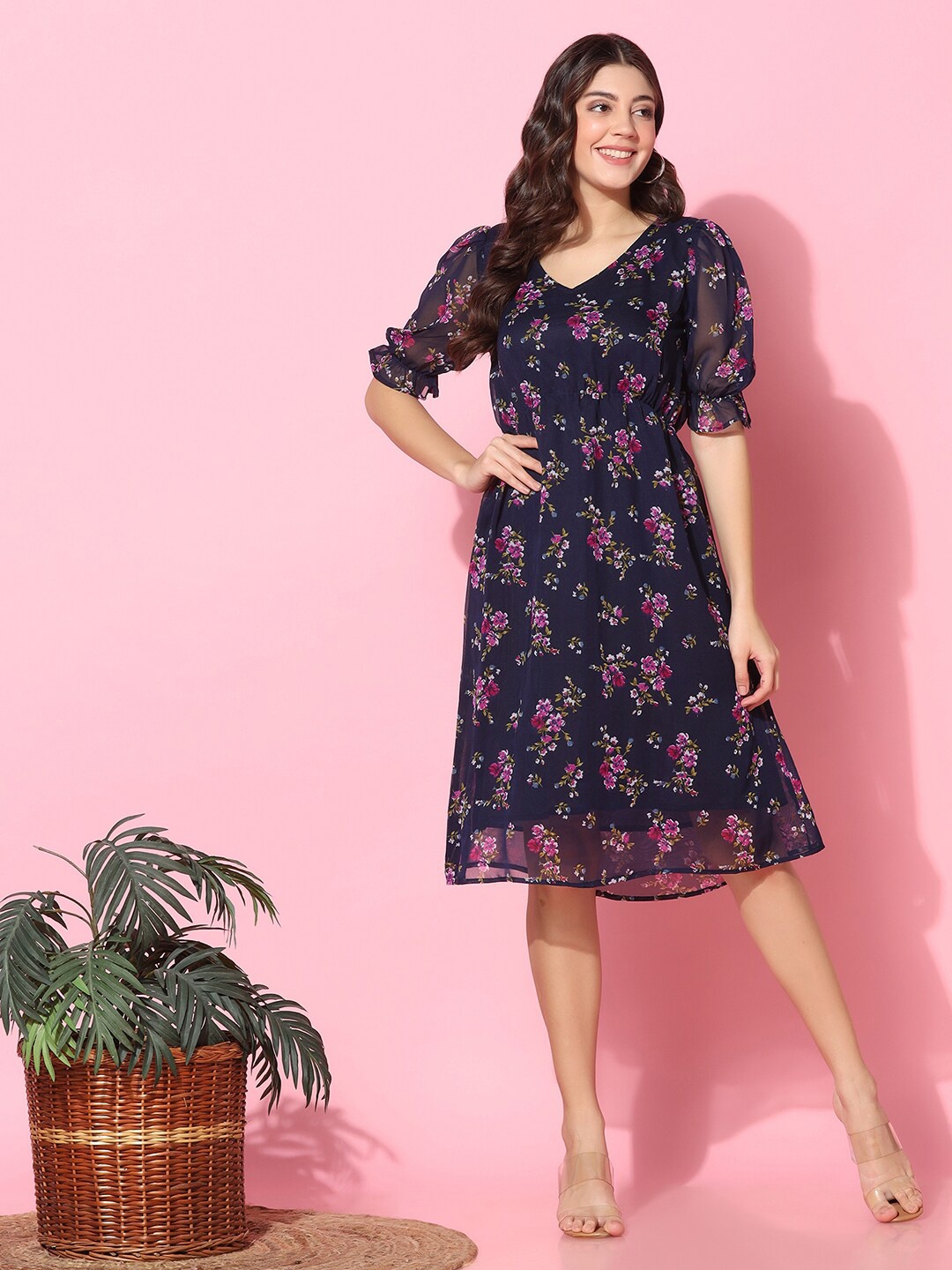 

Aditi Wasan Floral Print V-Neck Puff Sleeve Pleated Fit & Flare Midi Dress, Navy blue