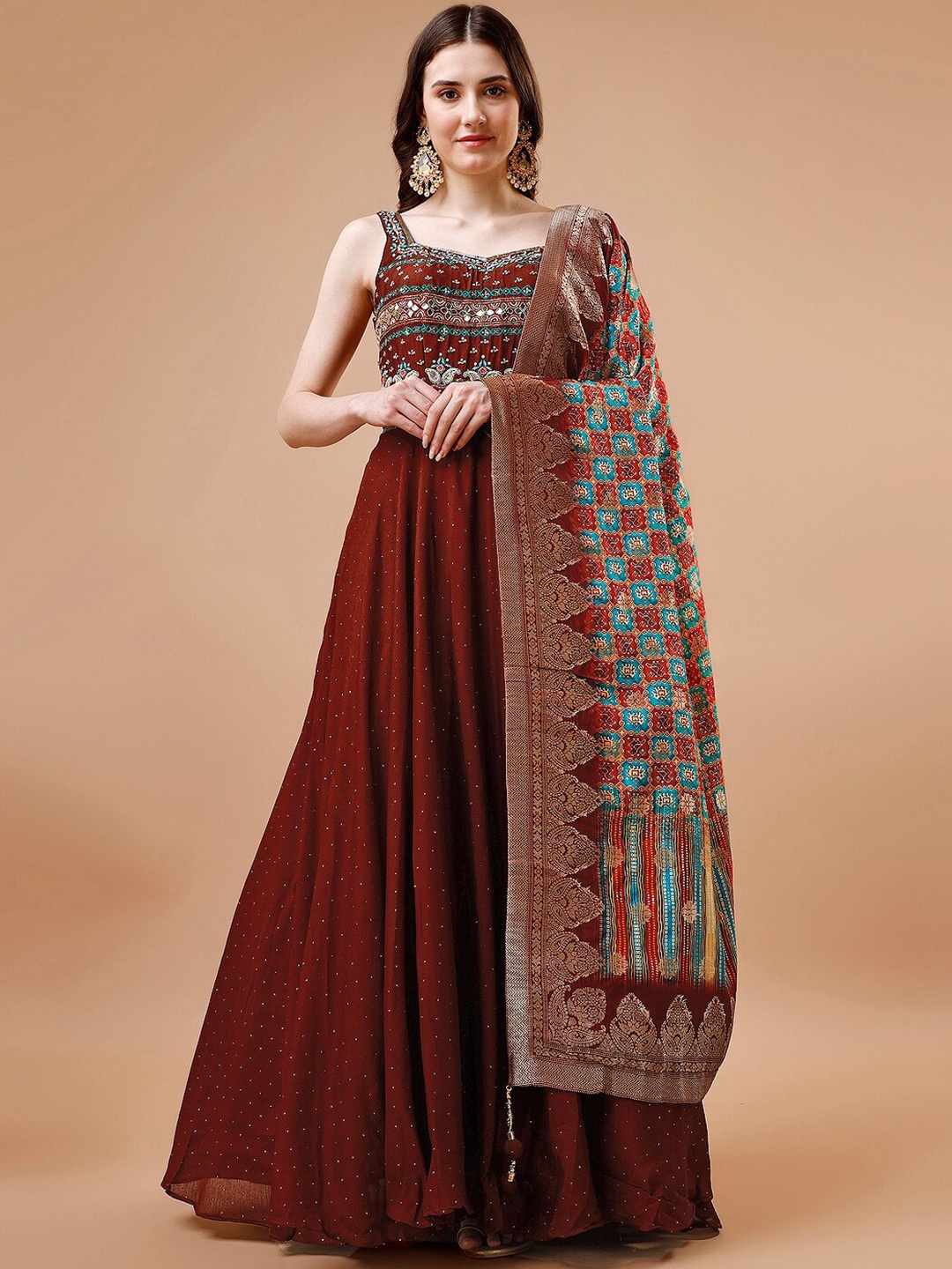 

JUST FASHION Floral Embroidered Sweetheart Neck Ethnic Dresses With Dupatta, Rust