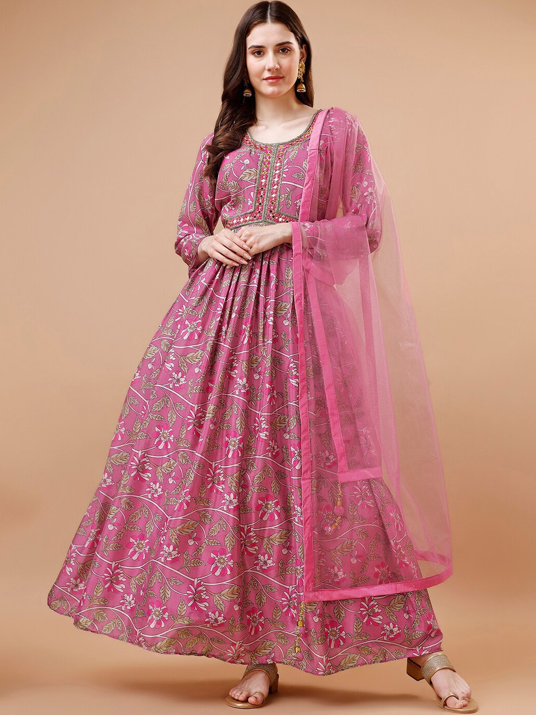 

JUST FASHION Floral Printed Gown Ethnic Dress With Dupatta, Magenta