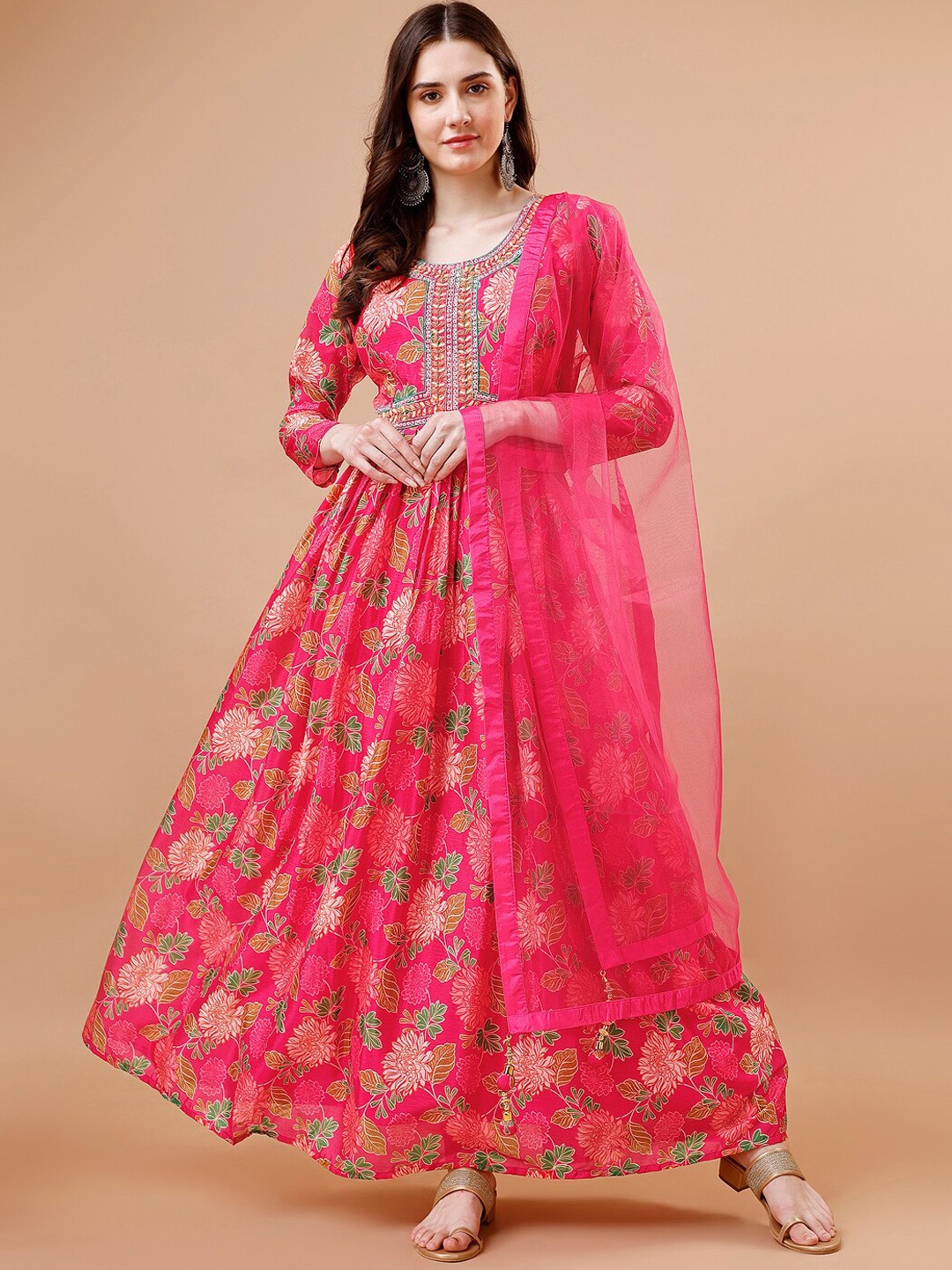 

JUST FASHION Floral Printed Gown Ethnic Dress With Dupatta, Pink