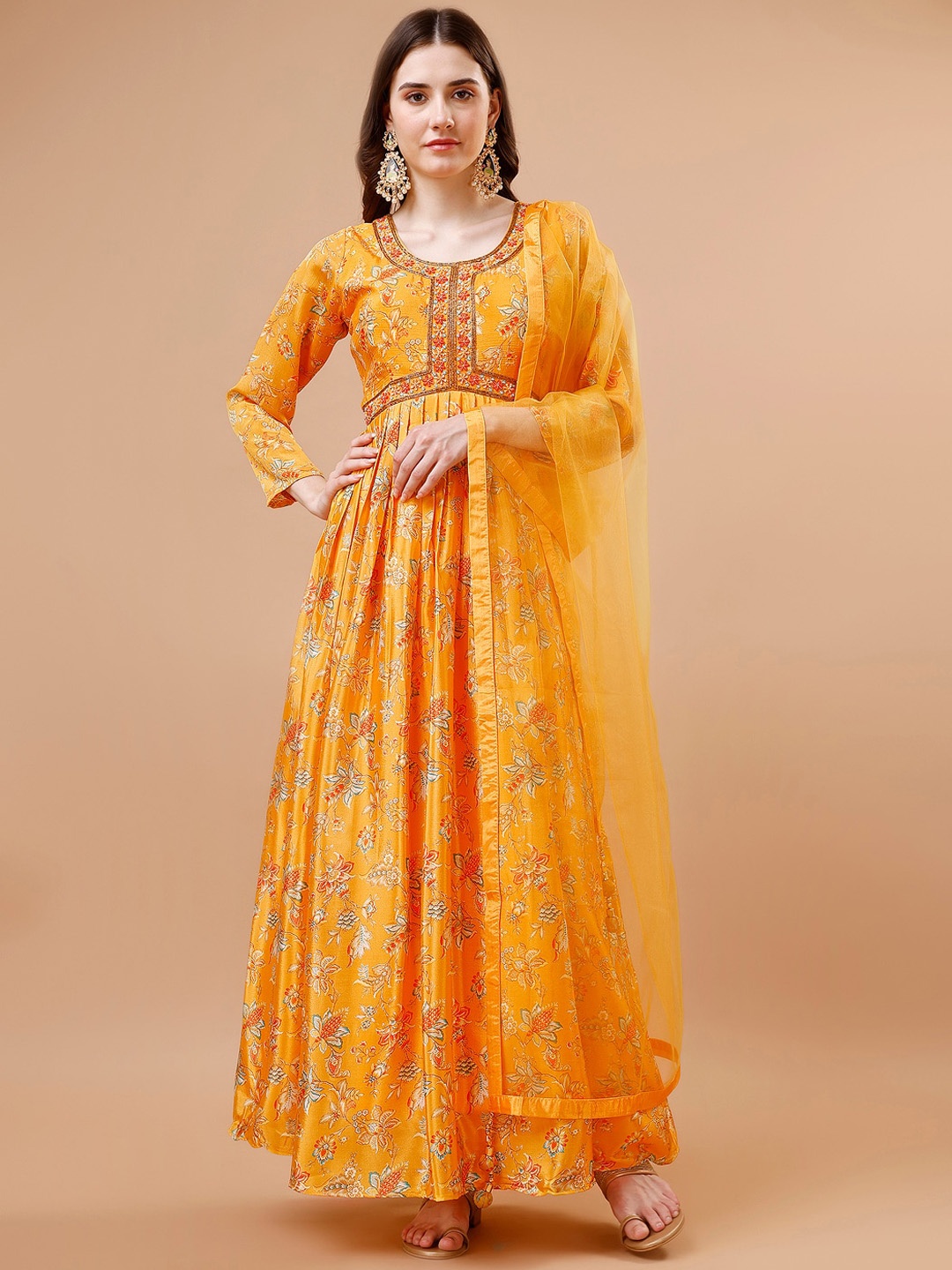 

JUST FASHION Floral Printed Ethnic Dress With Dupatta, Yellow