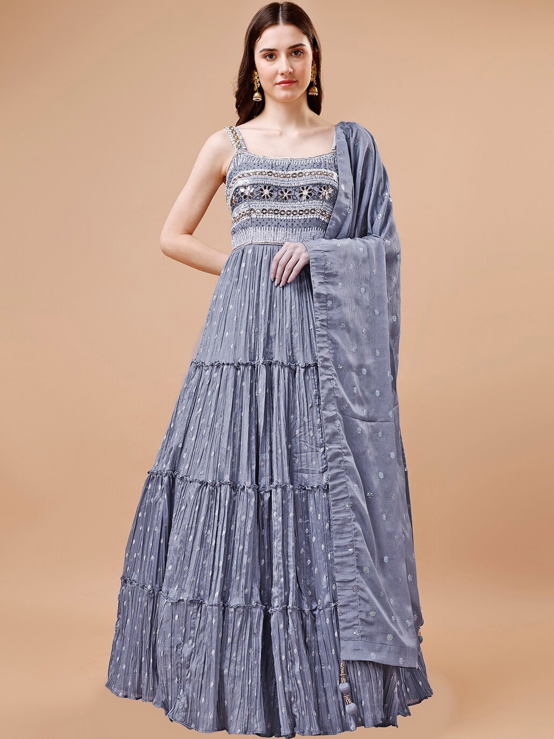 

JUST FASHION Floral Embroidered Shoulder Straps Tiered Gown Ethnic Dresses With Dupatta, Grey