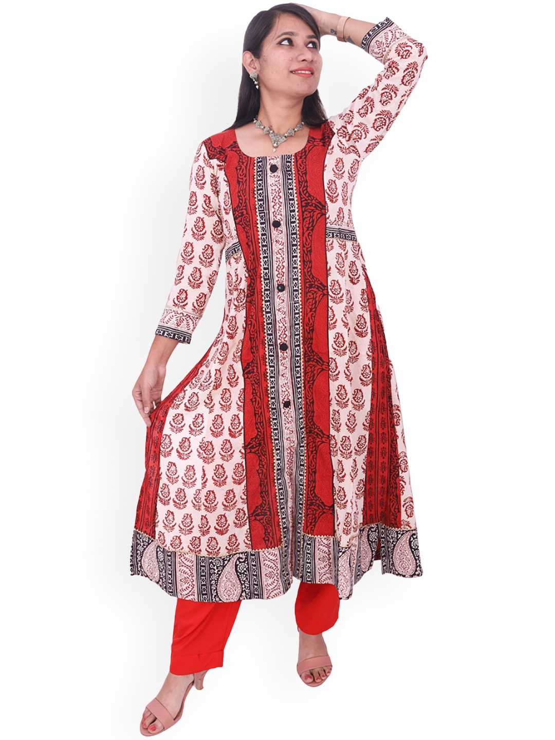 

WEAVERS SAGA Ethnic Motifs Printed Cotton A-Line Kurta, Red