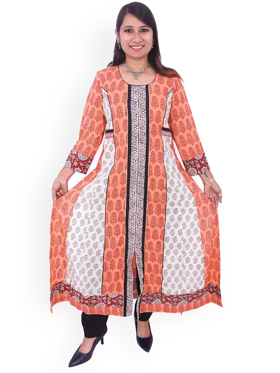 

WEAVERS SAGA Ethnic Motif Printed Pure Cotton A-Line Kurta, Peach