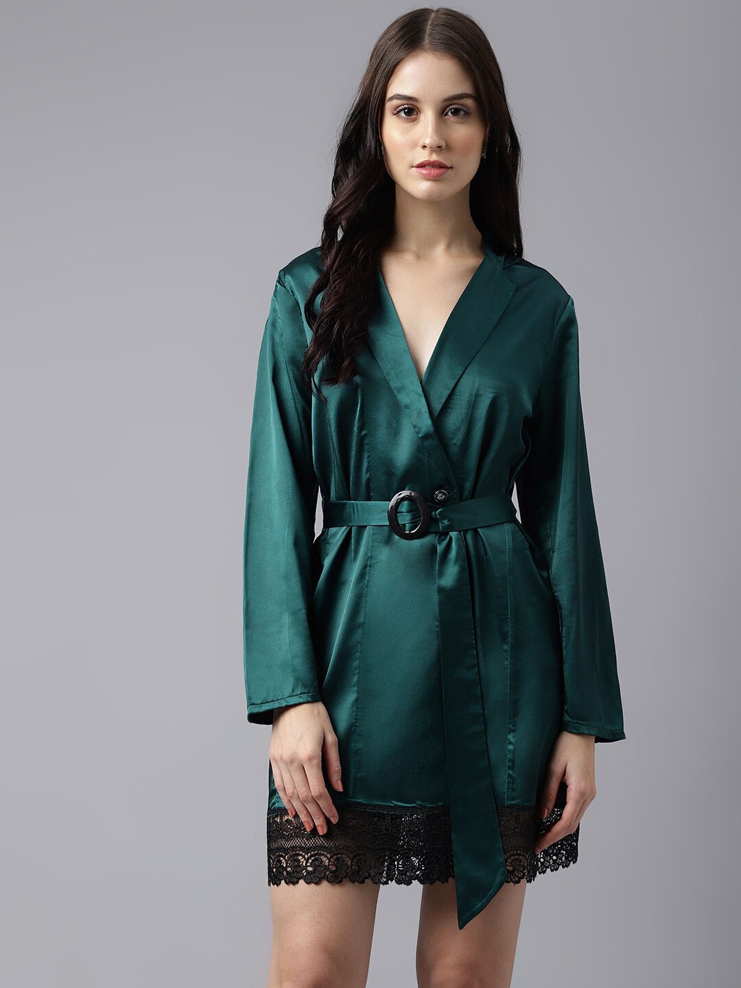 

TRYMISFIT Long Sleeves Belted V-Neck Cotton Wrap Dress, Green