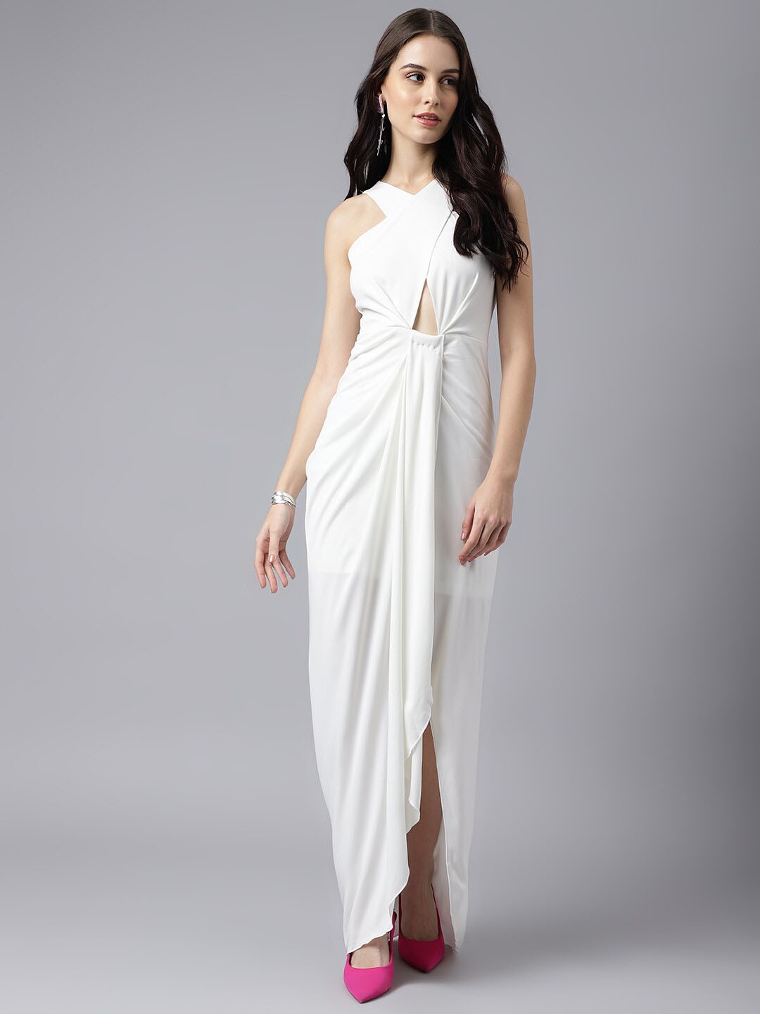 

TRYMISFIT Sleeveless V-Neck Cut Out Detailed Cotton High Low Maxi Dress, Yellow