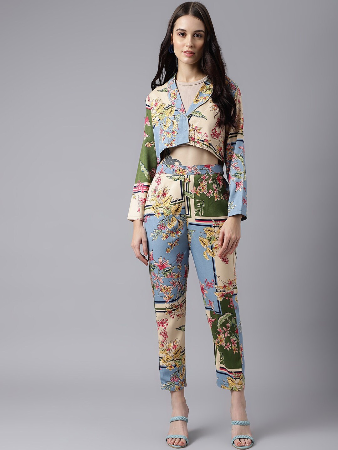 

TRYMISFIT Floral Printed Shawl-Neck Crop Top With High-Rise Trousers Co-Ords, Blue