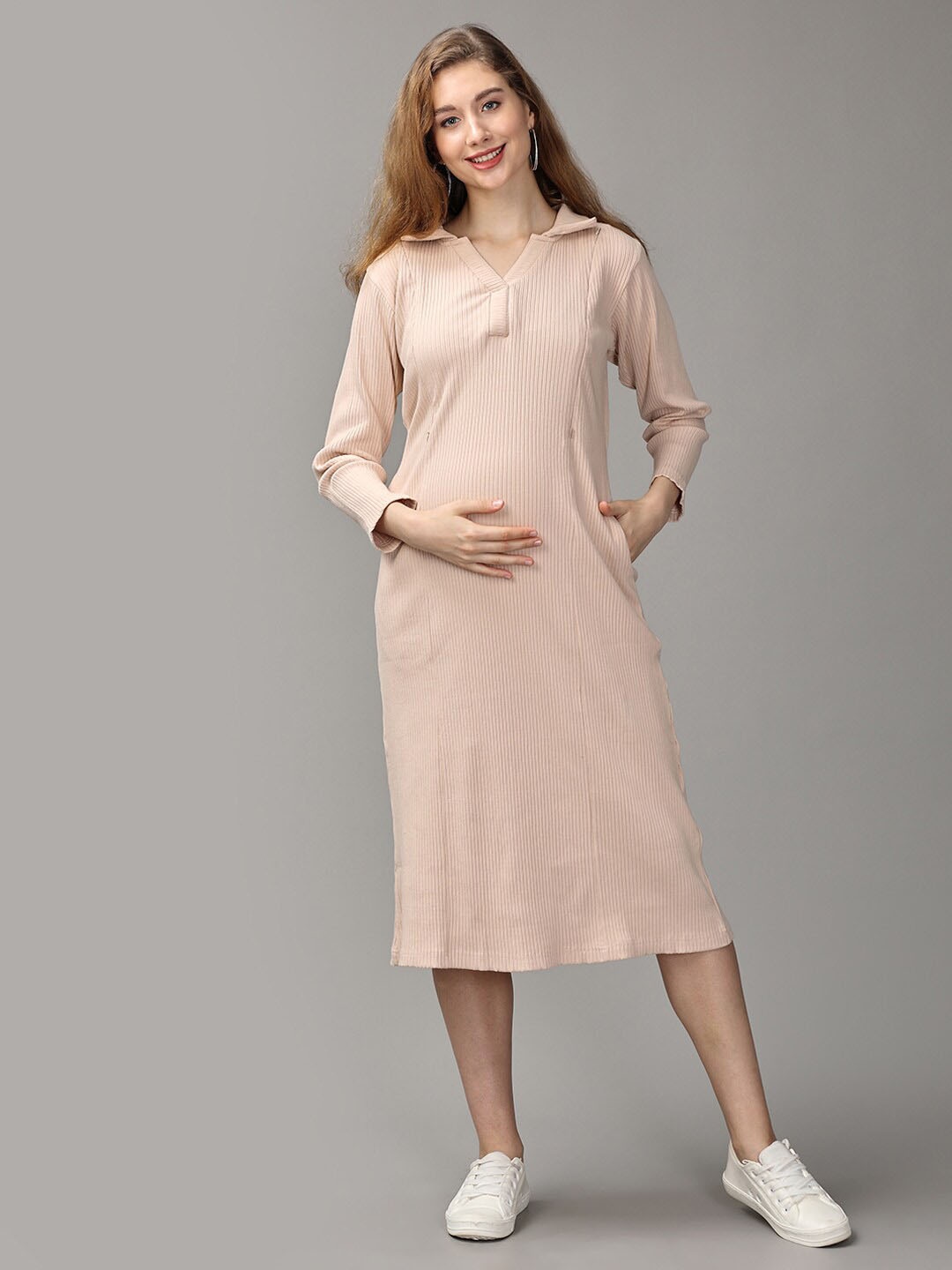 

The Mom Store Ribbed Cotton Maternity Shirt Dress, Beige