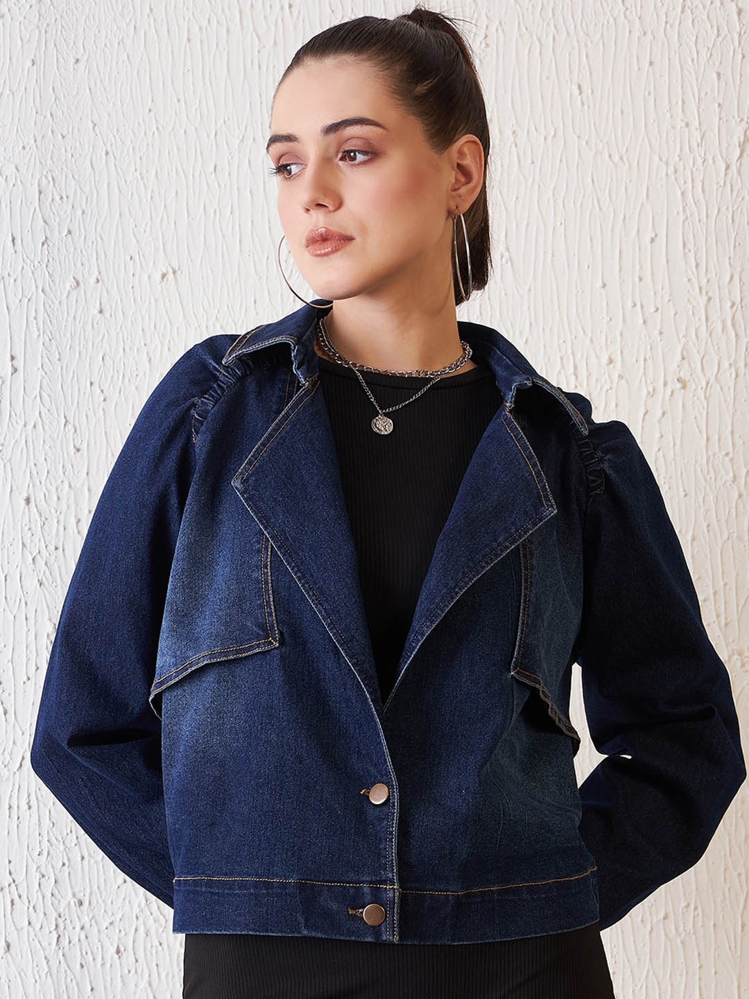 

Antheaa Blue Lapel Collar Washed Oversized Denim Jacket