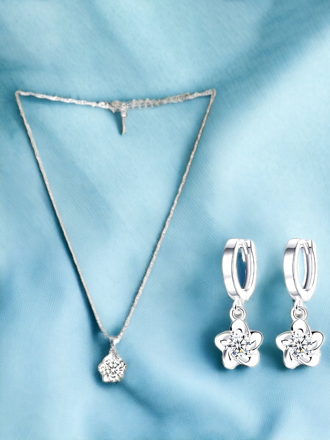 

MYKI Silver-Plated CZ-Studded Floral Jewellery Set