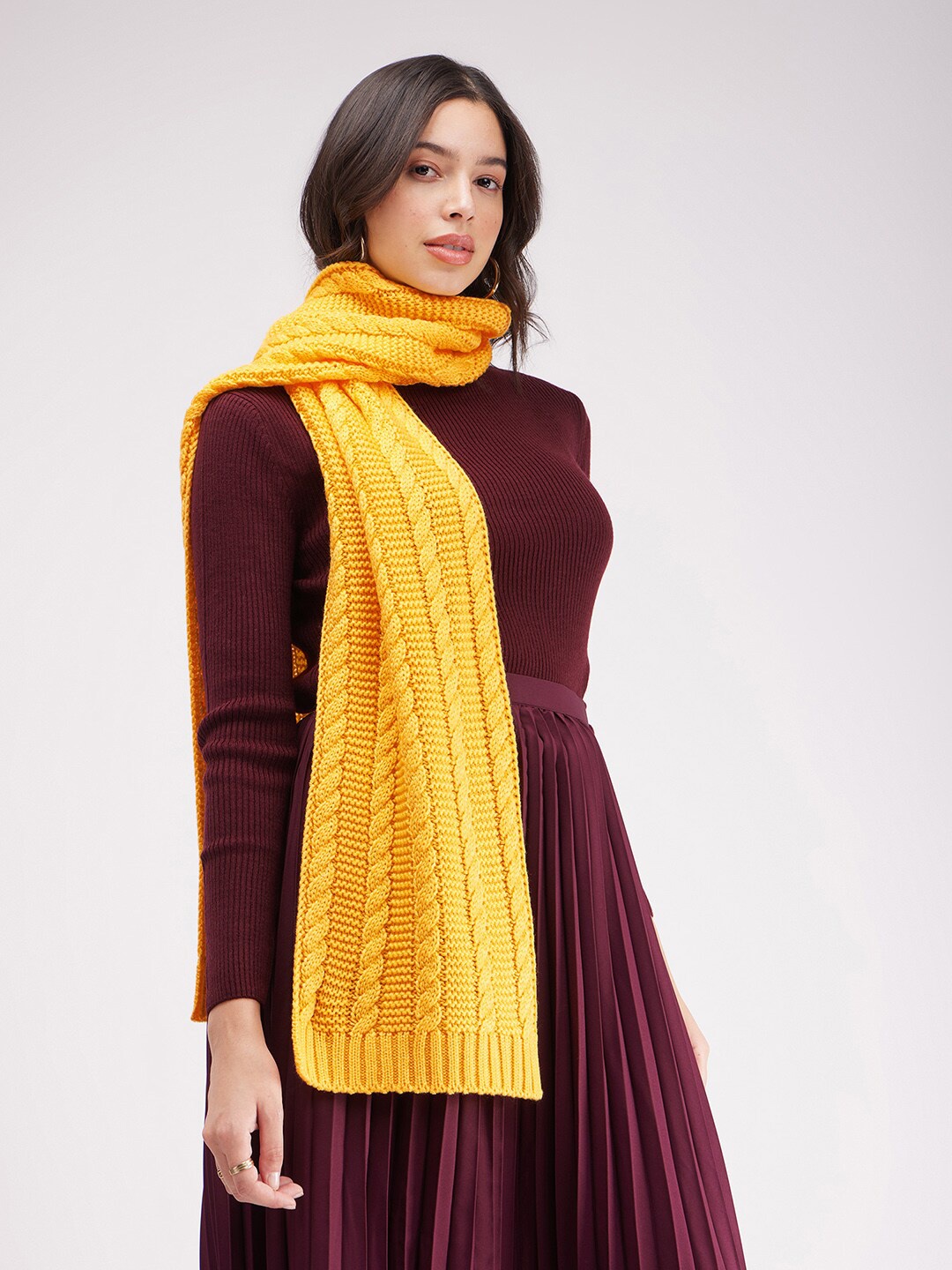 

FableStreet Cable Knit Textured Stretchable Muffler, Yellow