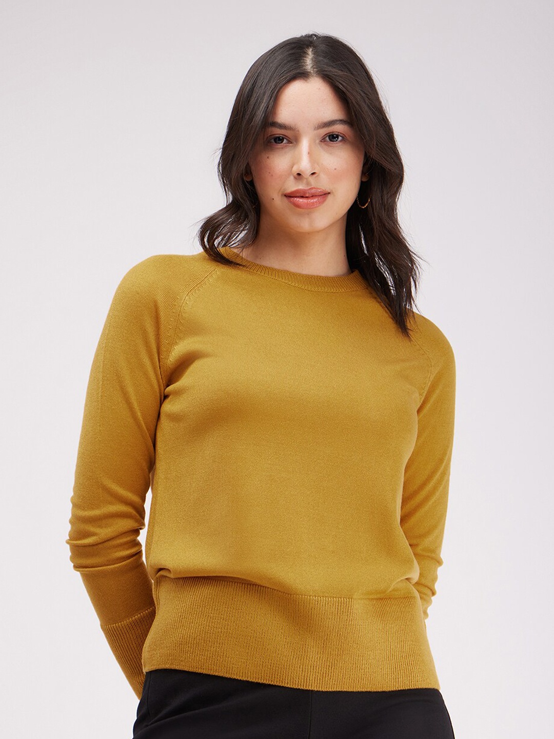 

FableStreet Round Neck Acrylic Pullover Sweater, Yellow