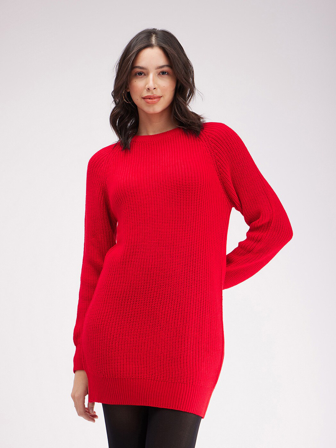 

FableStreet Raglan Sleeves Longline Acrylic Wool Pullover Sweater, Red