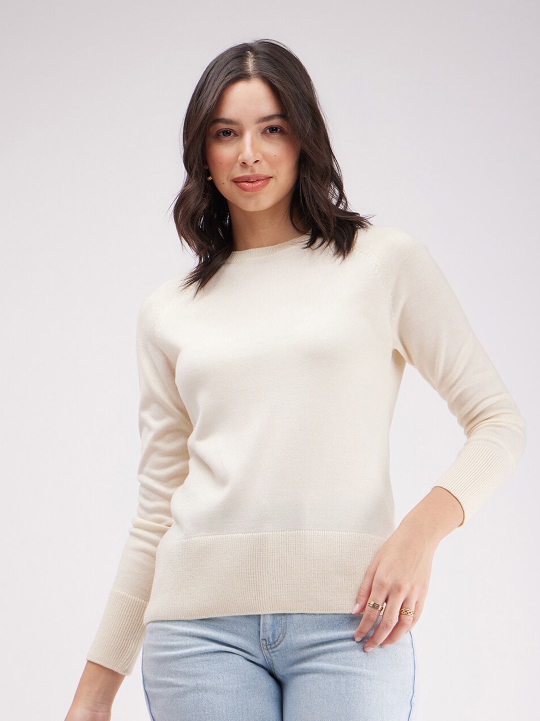 

FableStreet Raglan Sleeves Round Neck Acrylic Wool Pullover Sweater, White