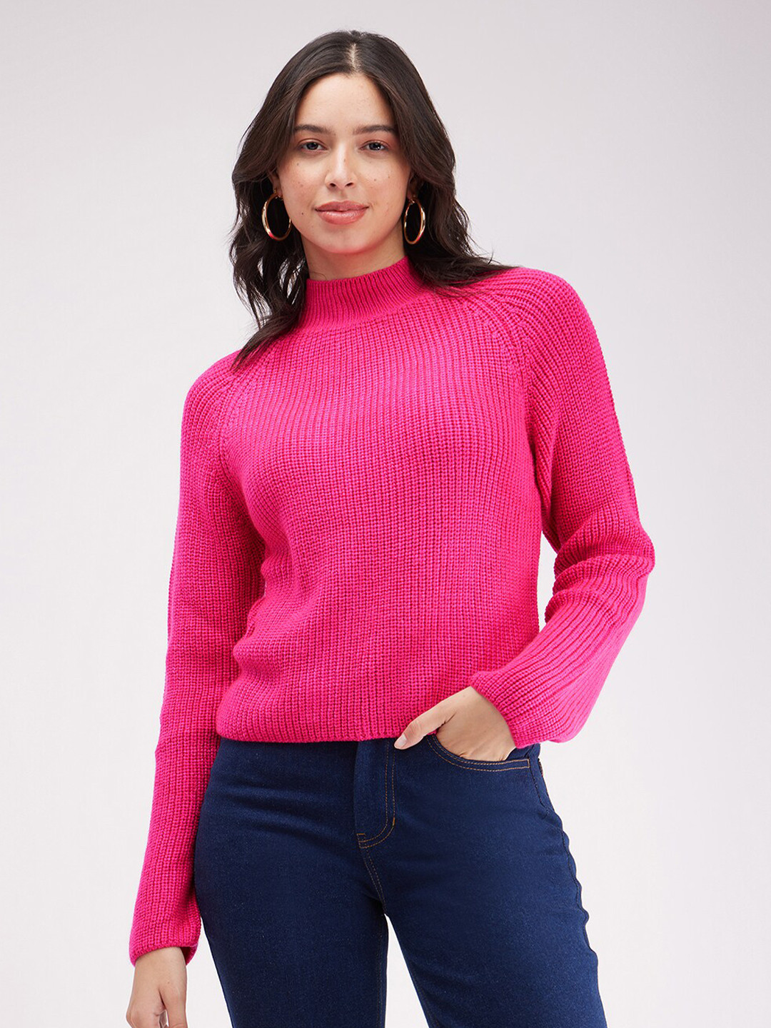 

FableStreet Raglan Sleeves Turtle Neck Acrylic Wool Pullover Sweater, Pink