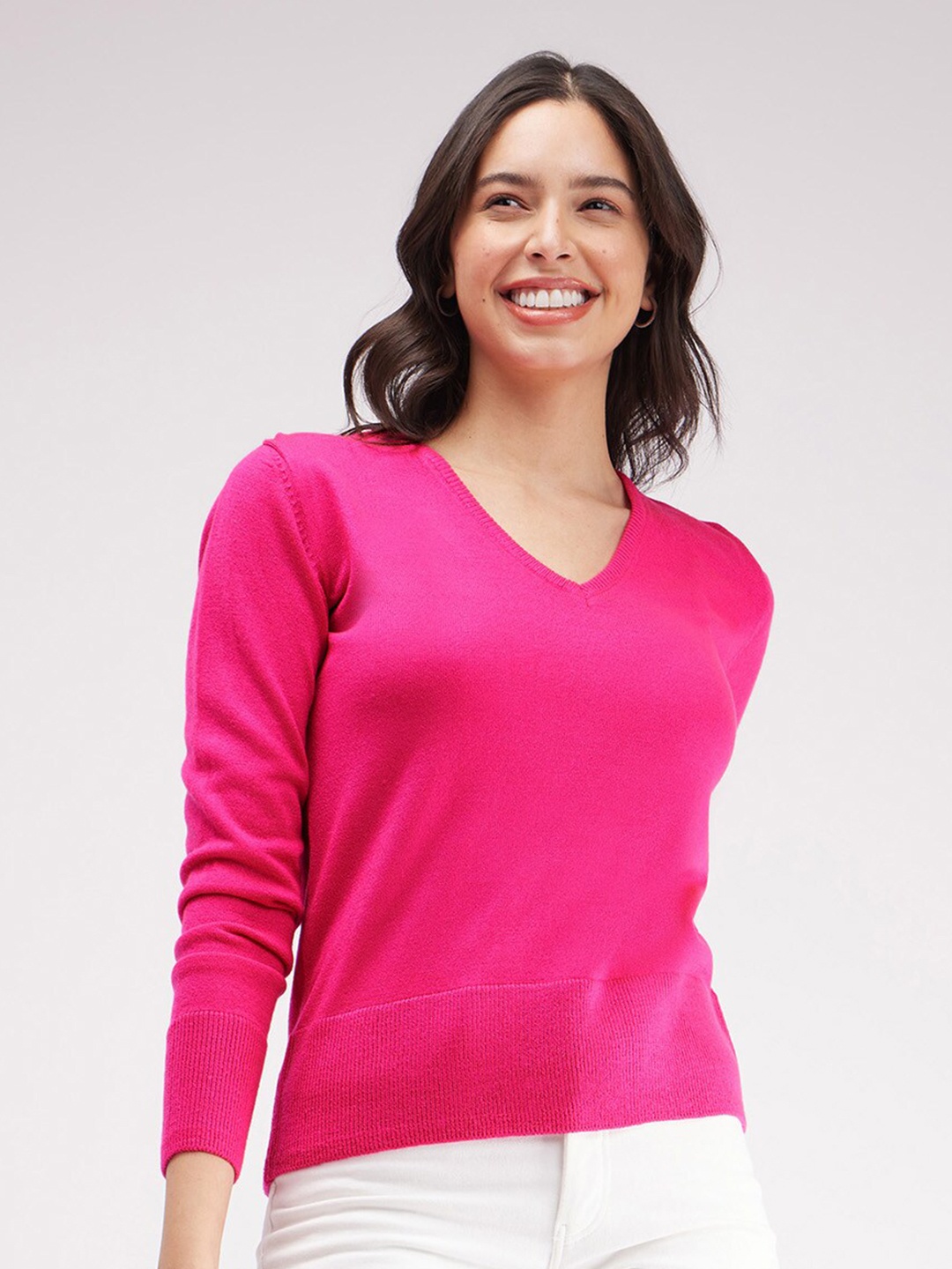 

FableStreet V-Neck Acrylic Wool Pullover Sweater, Pink