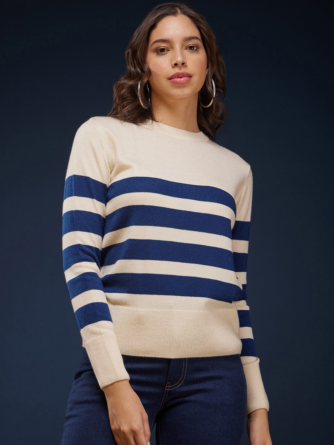 

FableStreet Striped Acrylic Wool Pullover Sweater, White