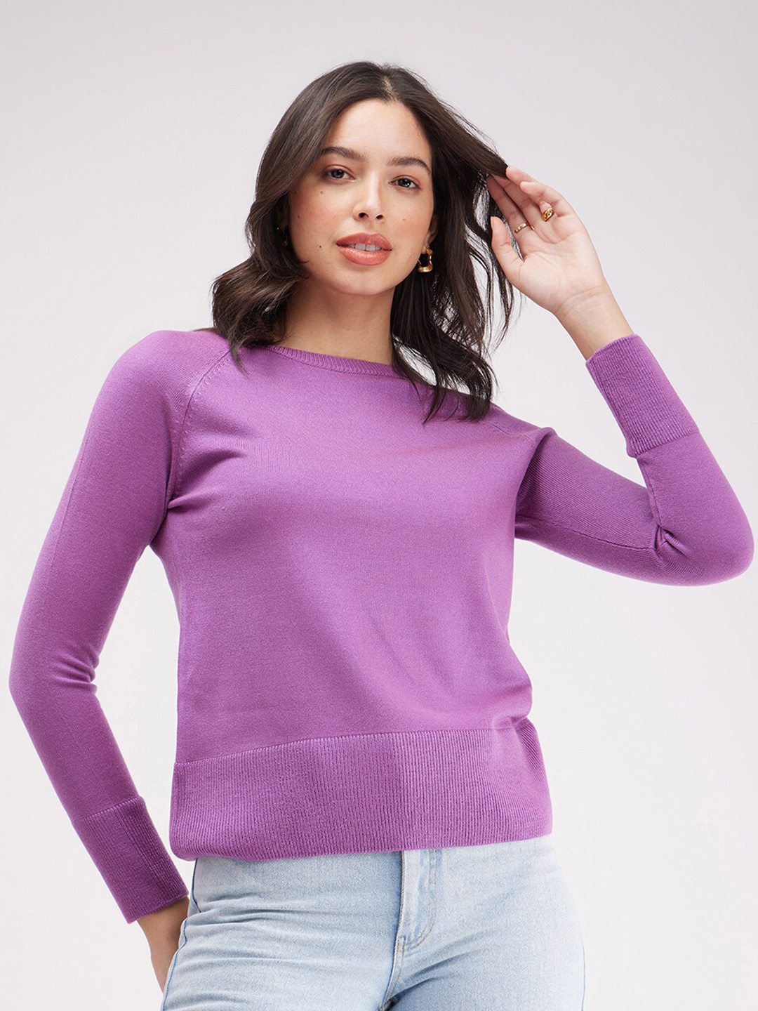 

FableStreet Raglan Sleeves Acrylic Wool Pullover Sweater, Purple