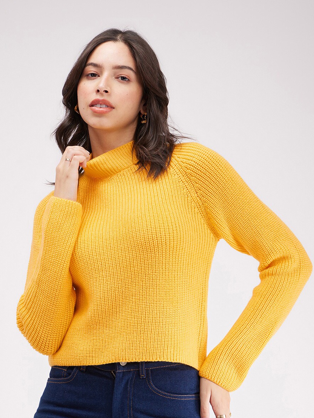 

FableStreet Striped High Neck Acrylic Wool Pullover, Yellow
