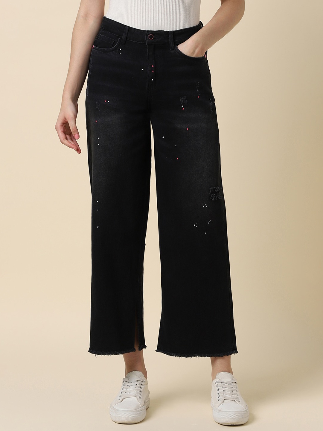 

Allen Solly Woman Low Distress Cropped Cotton Jeans, Black
