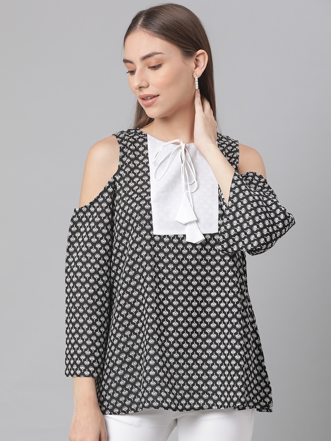

KALINI Ethnic Motifs Printed Tie-Up Neck Cold-Shoulder Sleeves Cotton Top, Black