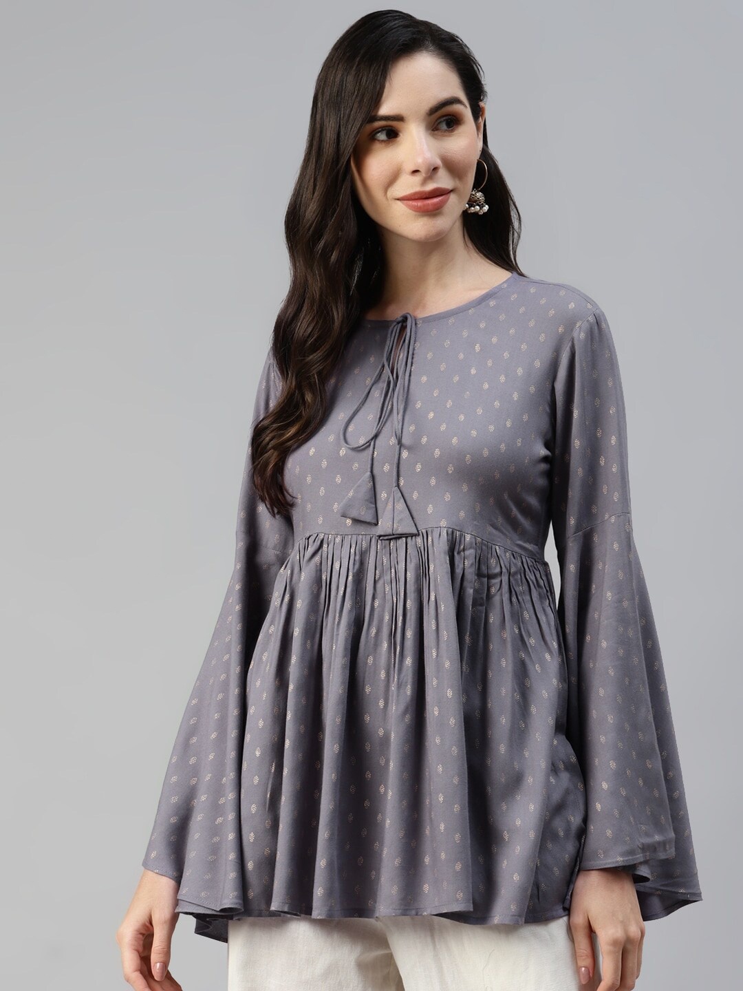 

KALINI Ethnic Motifs Printed Tie-Up Neck Flared Sleeve Cotton Top, Grey
