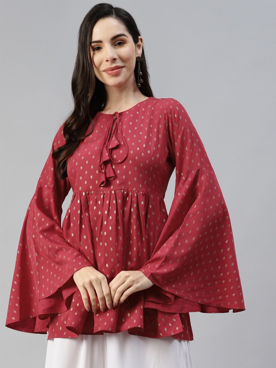 

KALINI Ethnic Motif Printed Tie-Up Neck Flared Sleeve Cotton Top, Maroon
