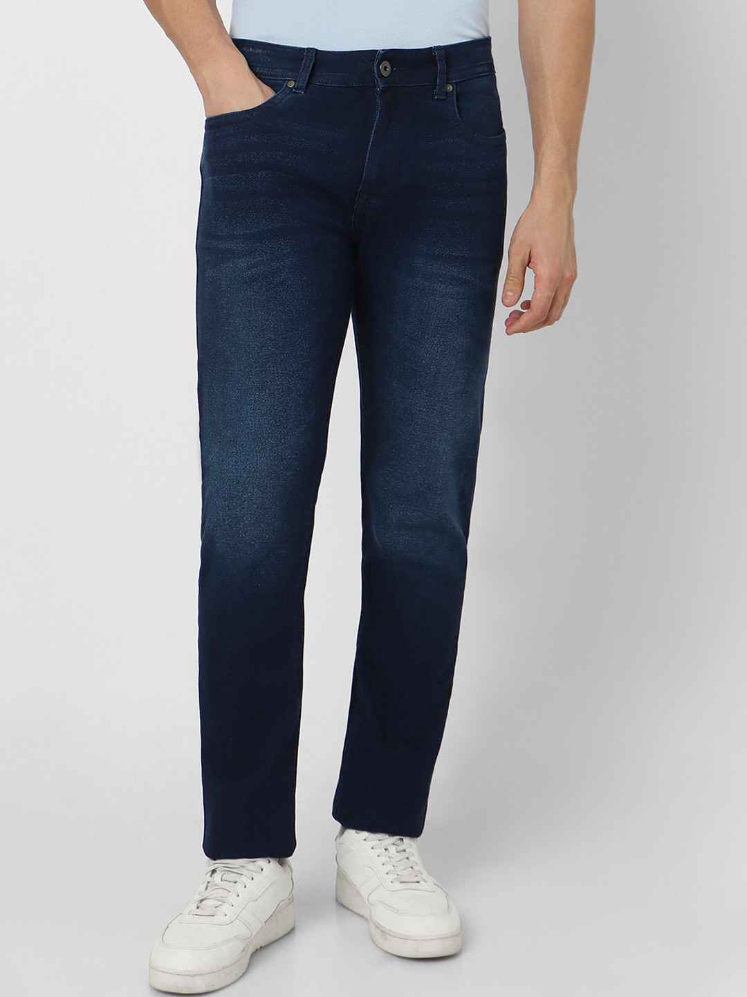 

Peter England Casuals Men Tapered Fit Heavy Fade Stretchable Jeans, Navy blue