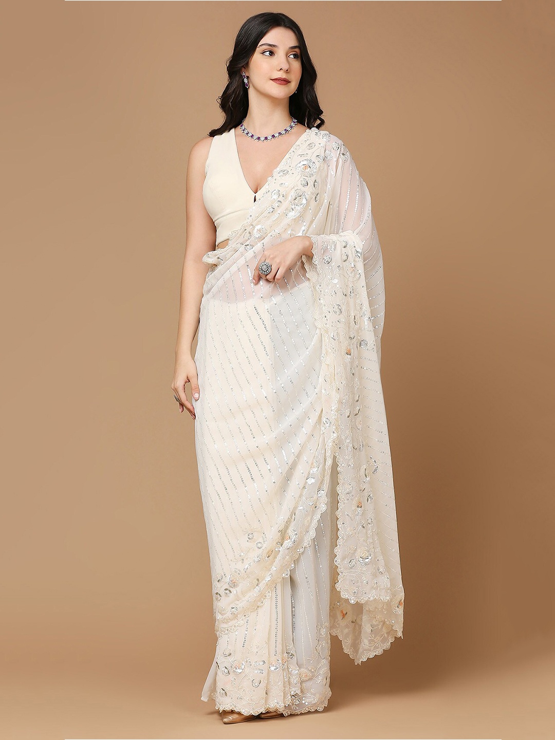 

SALWAR STUDIO Embellished Sequinned Pure Georgette Saree, Cream