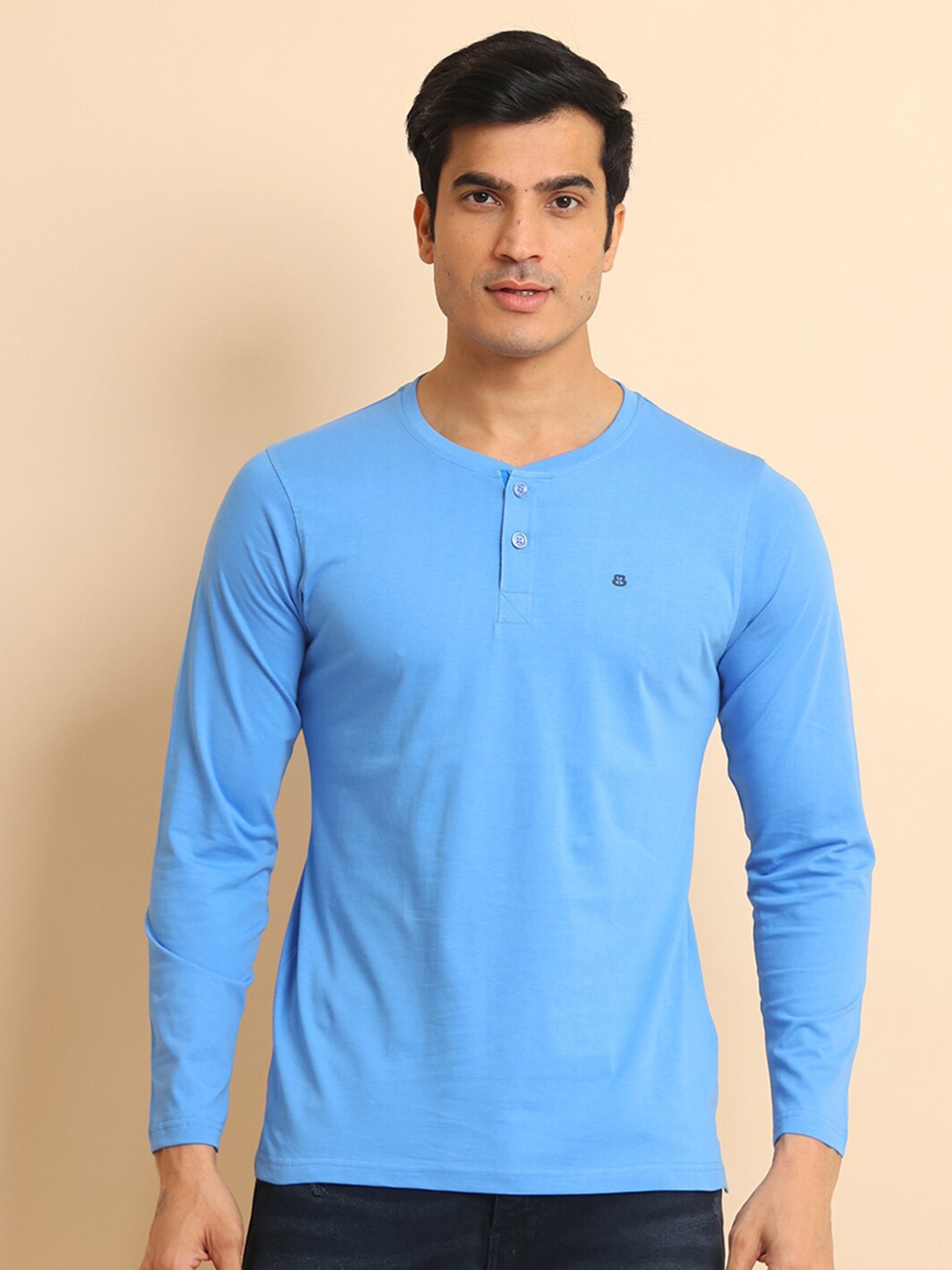 

berry blues Henley Neck Long Sleeves Cotton T-shirt, Blue