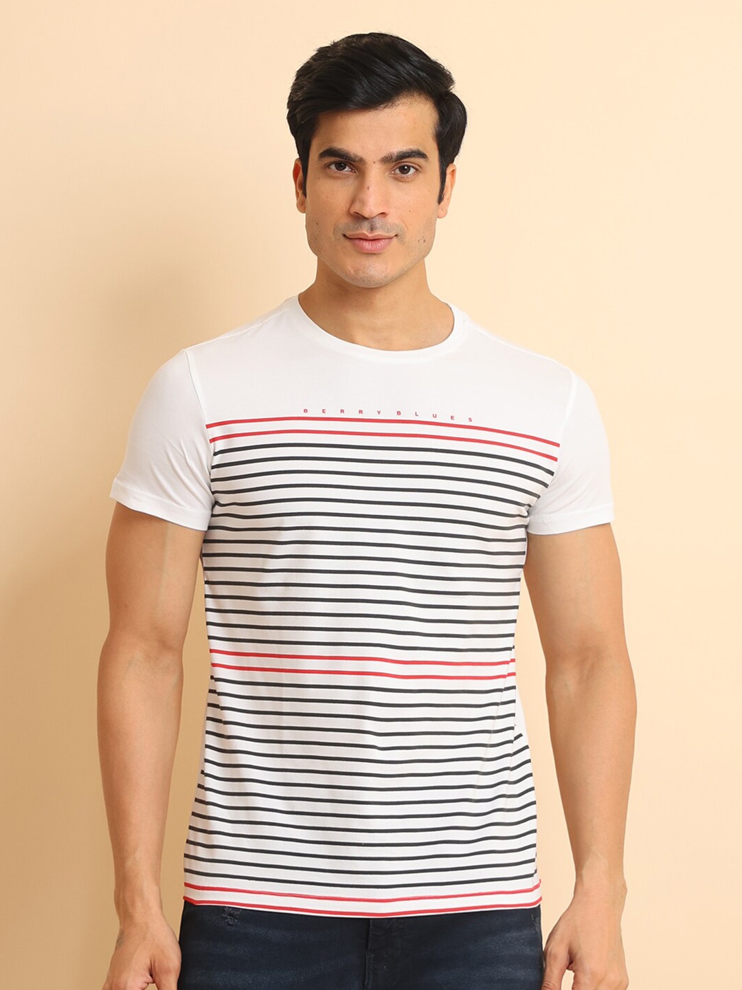 

berry blues Striped Short Sleeves Cotton Casual T-shirt, White