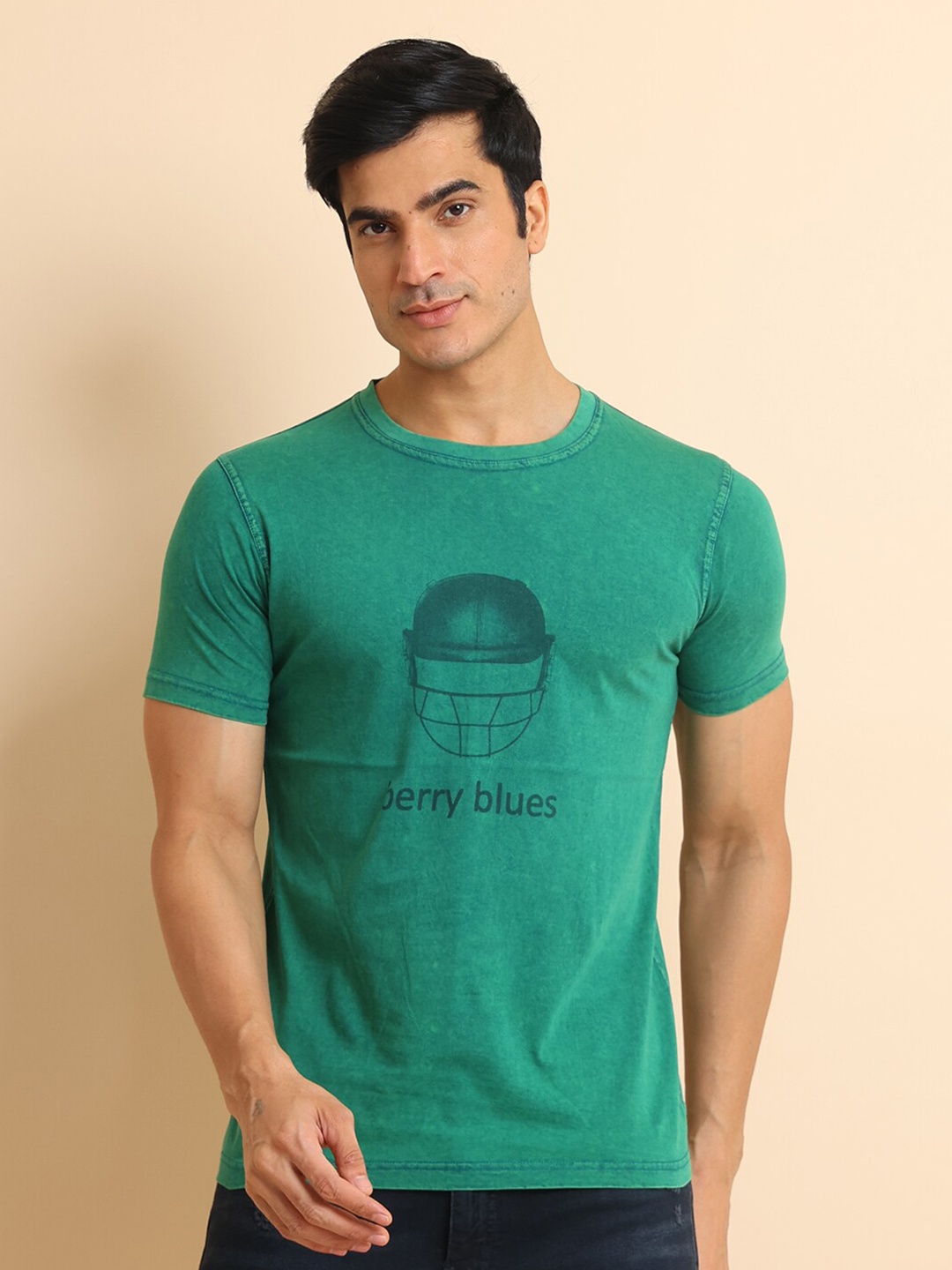 

berry blues Printed Round Neck Short Sleeves Cotton T-shirt, Green