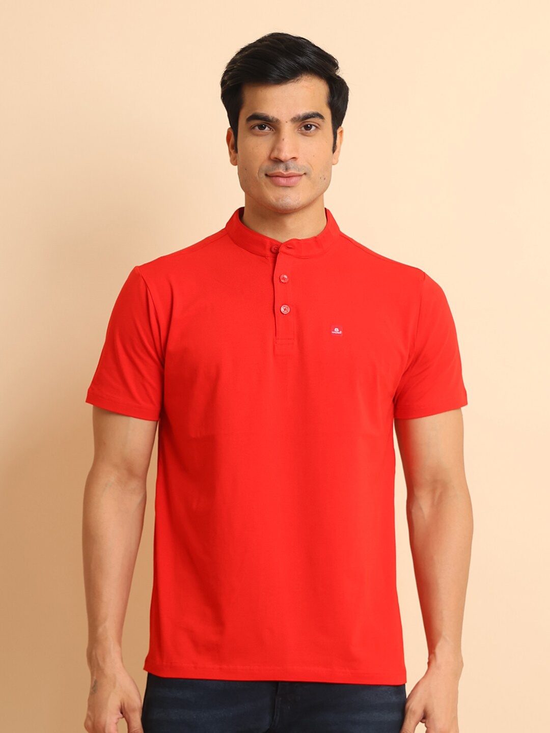 

berry blues Cotton Mandarin Collar Short Sleeves T-Shirt, Red