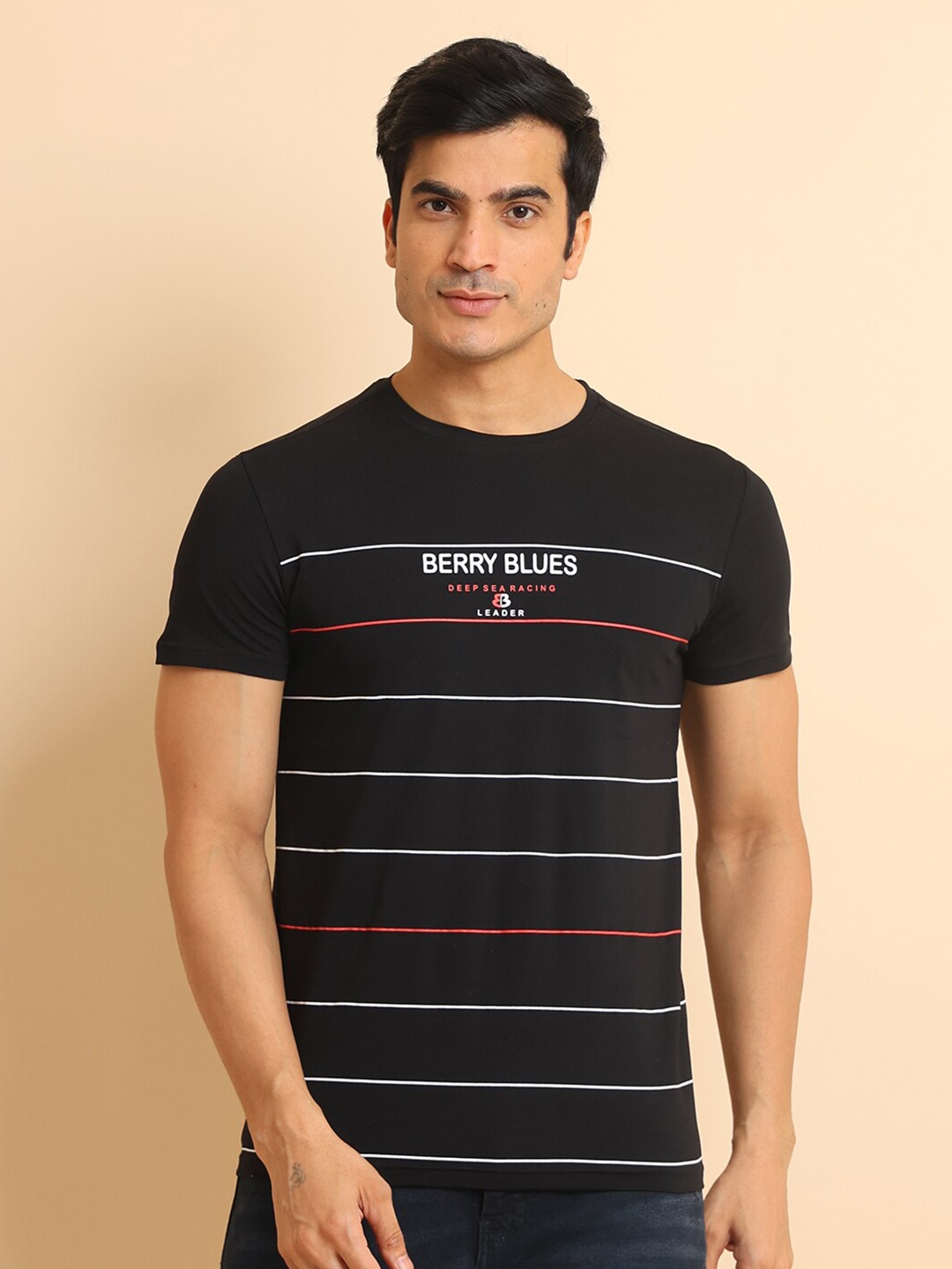 

berry blues Striped Short Sleeves Cotton T-shirt, Black