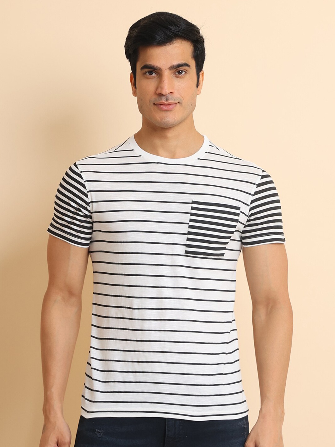 

berry blues Striped Round Neck Short Sleeves Cotton T-shirt, White