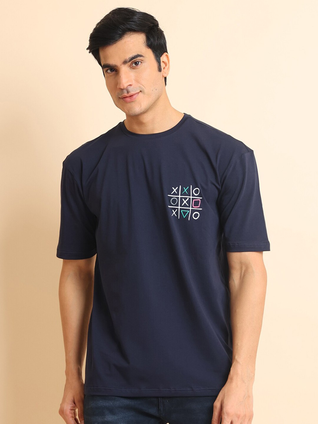 

berry blues Geometric Printed Cotton Short Sleeves T-Shirt, Navy blue