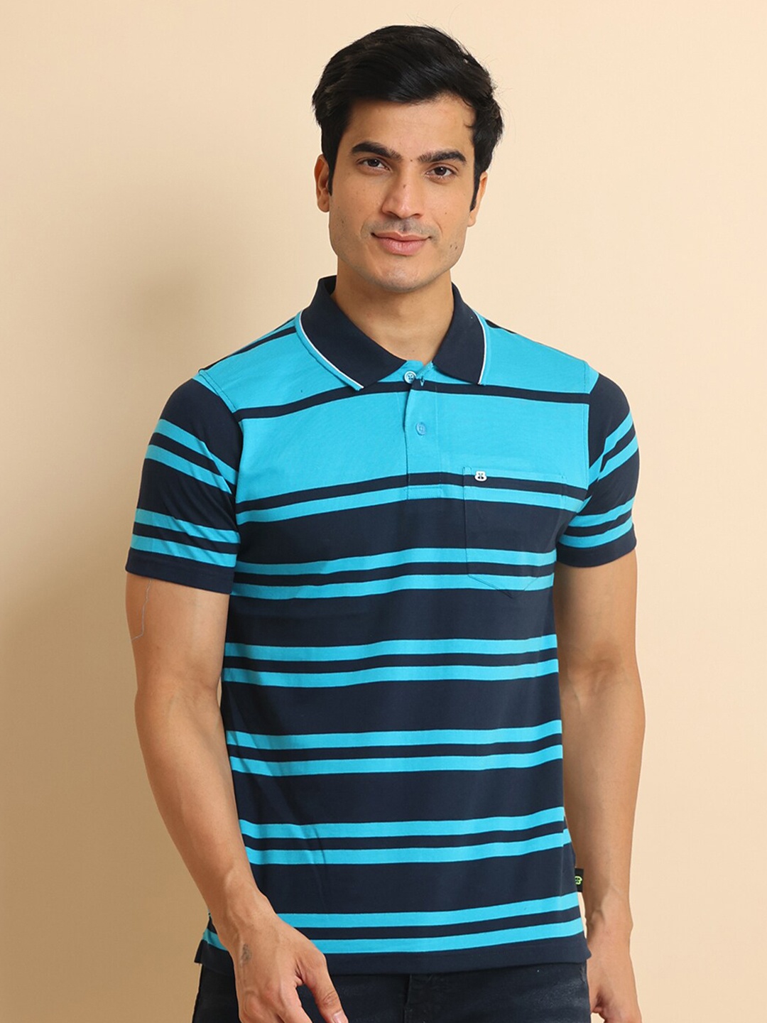 

berry blues Striped Polo Collar Short Sleeves Cotton T-Shirt, Blue