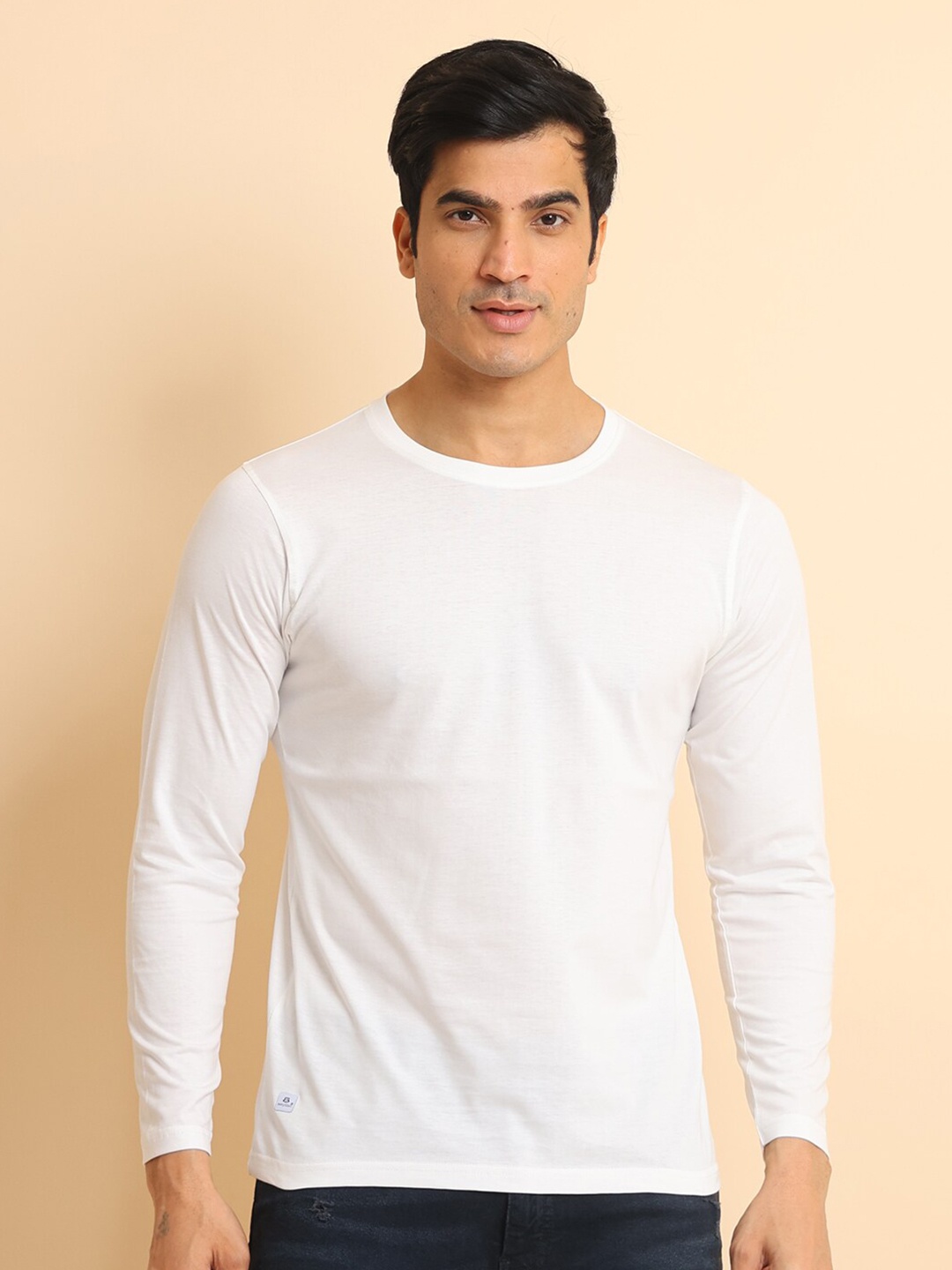 

berry blues Round Neck Long Sleeves Cotton T-shirt, Off white