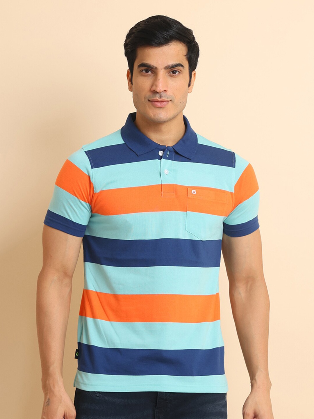 

berry blues Striped Polo Collar Short Sleeves Cotton T-shirt, Blue