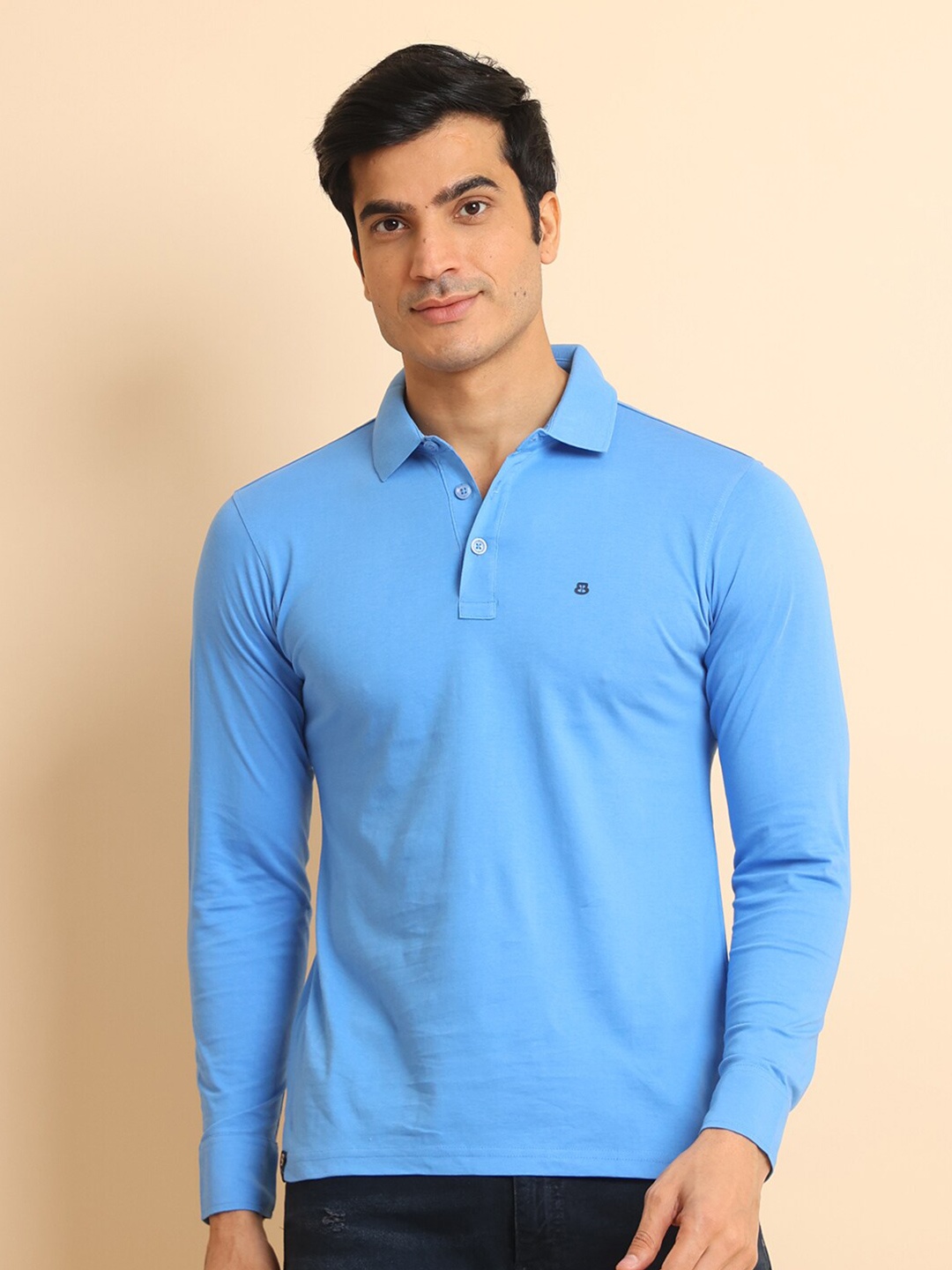 

berry blues Polo Collar Long Sleeves Cotton T-shirt, Blue