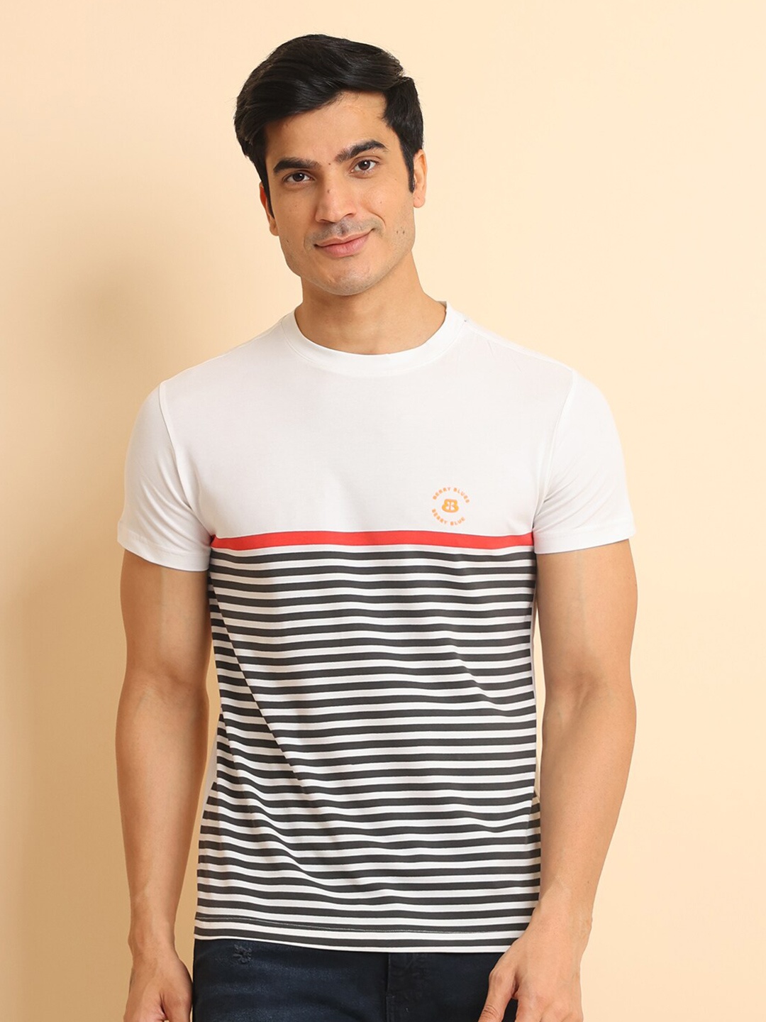 

berry blues Striped Short Sleeves Cotton T-shirt, White
