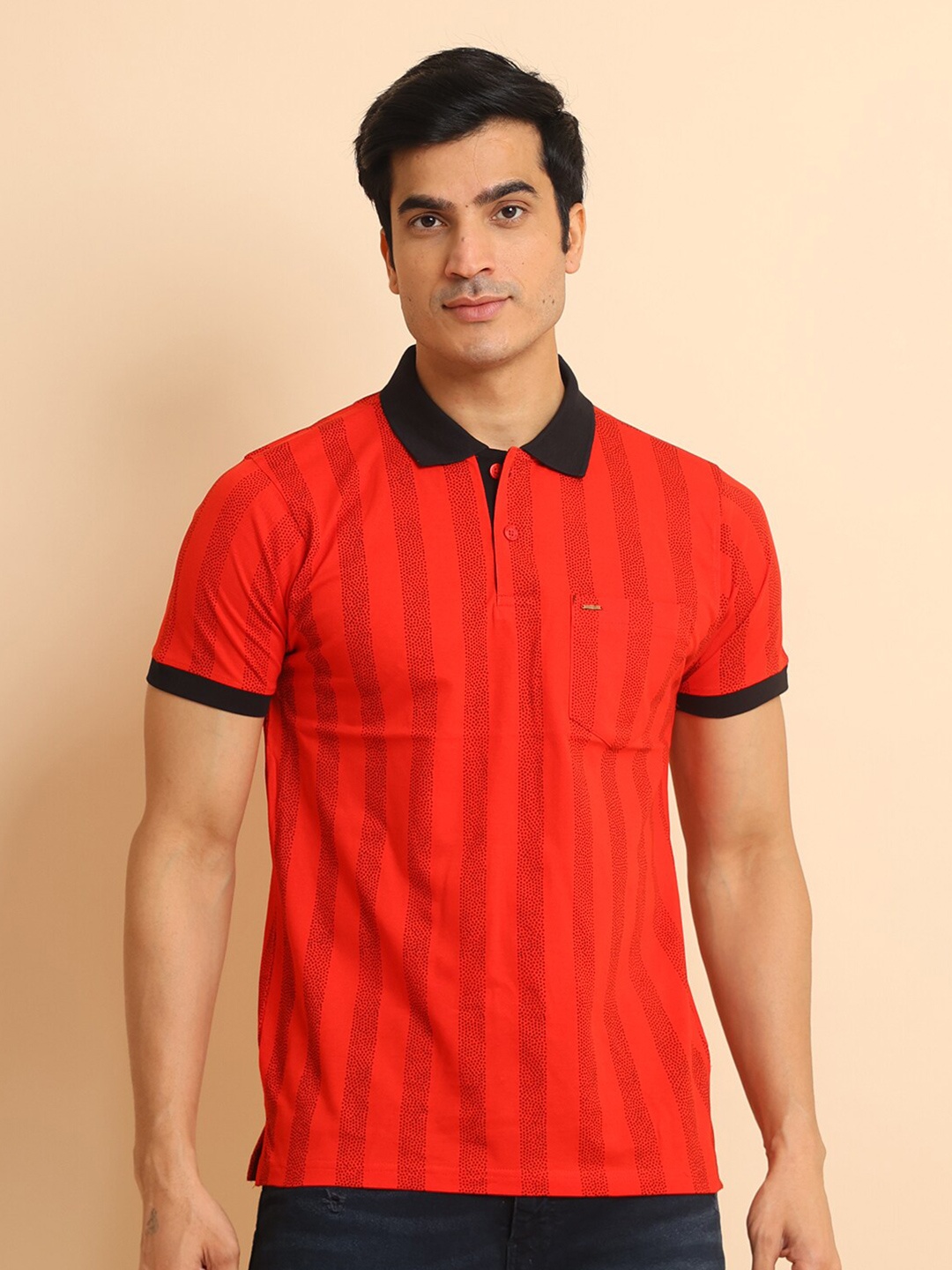 

berry blues Striped Polo Collar Short Sleeves Cotton T-Shirt, Red